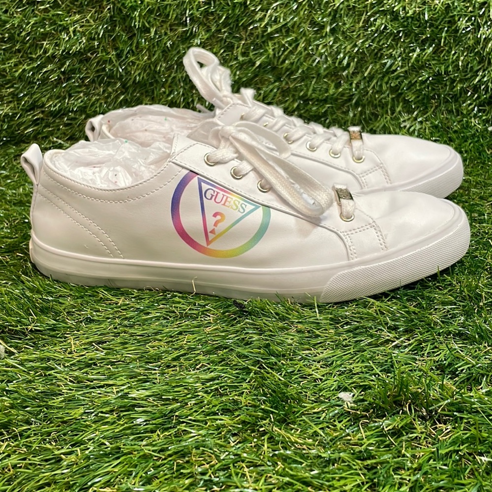 GUESS rainbow logo white tennis shoes